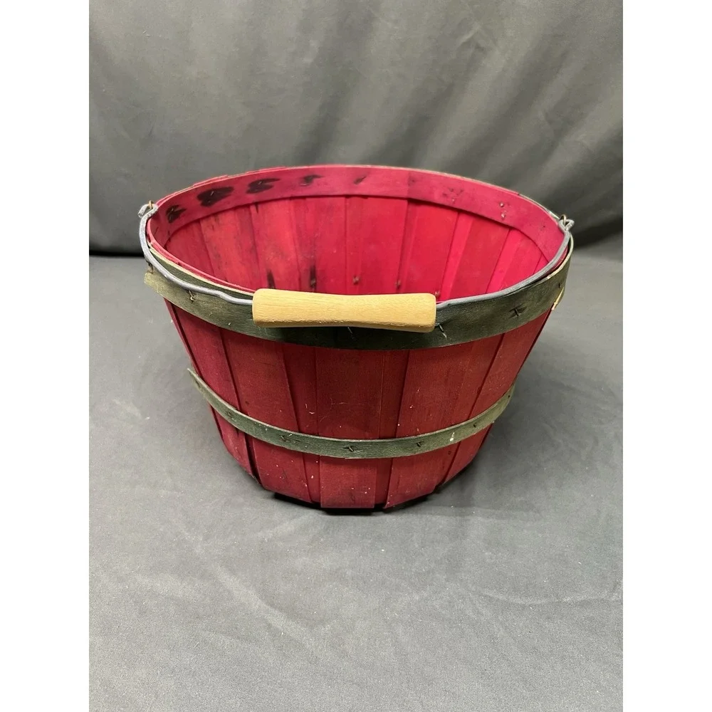 Vintage Primitive Rustic Red Green Bushel Apple Basket Wood Handle 7x11 Round